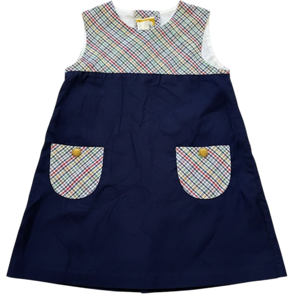 The Beaufort Bonnet Company Jumper Dress Kids 6 Navy Plaid Pockets Sleeveless